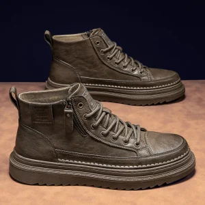 Spring Men’s Lace-Up Midi Boots Trendy Versatile Sporty Retro Non-Slip Wear-Resistant Artificial Leather Rubber Outsole