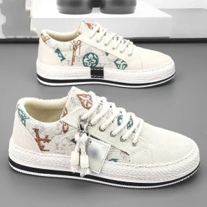 Spring Men’s Old Beijing Cloth Shoes Canvas Breathable Trendy Corduroy Flat Casual Lightweight Thin Toe Rubber Outsole Tie