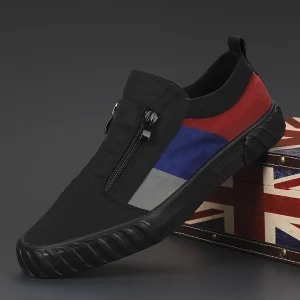 Spring New Design Color Contrast Splicing Zapatillas Casual Para Hombre Men Slip on Canvas Flat Shoes with Zipper