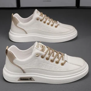Spring Sporty Breathable Men’s Low-Top White Sports Sneakers Casual Walking Shoes with PU Upper and Comfort Insole