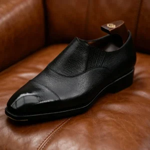 Square-Toed Imported Pigskin Embossed Handcrafted Goodyear Leather Sole Black Men’s Shoes