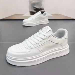 Summer Men’s Lace Up White Sneakers Casual Thick Sole Breathable Non-Slip Artificial Leather Shoes