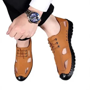 Summer Men’s Lace-up Sandals Soft Leather Beach Shoes Dual-use Casual Breathable Anti-slippery Toe Cover Rubber Outsole