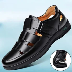 Summer Men’s Solid Hollow Sandals Breathable Non-Slip Hook Loop Closure Casual Soft Bottom Dad Shoes Middle-Aged Elderly PU