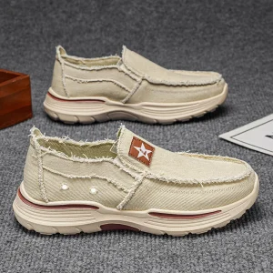 Summer Men’s Trendy Fashion Round Toe Solid Color Canvas Old Beijing Cloth Shoes Comfortable Lightweight Slip-on