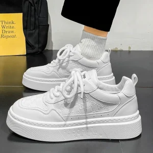 Summer Trendy White Thick Soled Board Sneakers for Men All Match Casual Chunky Shoes with Breathable Lace Up Closure