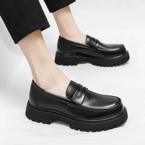 Summer Youth Slip-On Loafers Thick Soles Increase Shoes Black Fashion Men’s Casual Leather