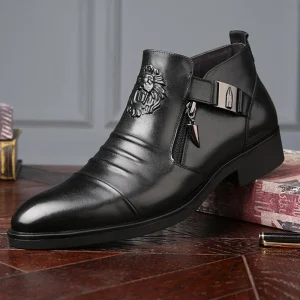 Trend Men’s Gothic Boots Punk Metal Lion Head Side Zipper Microfiber Leather Pointed Toe Mid-Calf Fashion Boots