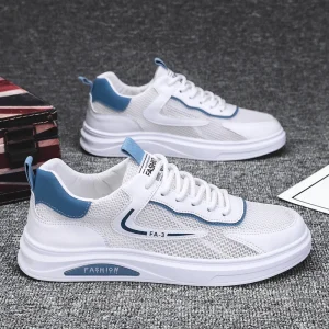 Trending Men’s White Sneakers Breathable Running Sports Casual Lace-Up Wear-Resistant Mesh Fabric PVC Midsole Outsole
