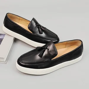Trendy Genuine Cow Leather Dress Shoes Round-toe Slip-on Closure Walking Loafers Male Flat Shoes Men’s Casual Shoes