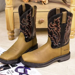 Trendy Genuine Leather Zipper Casual Boots Cowboy Style Shoes Goodyear Welt Square Toe Men’s Ankle Boots Farm Work Shoes