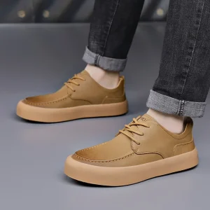 Trendy Men’s Casual Sports Shoes Korean Spring Genuine Leather Breathable Insole Thick Sole Slow Running Casual Shoes