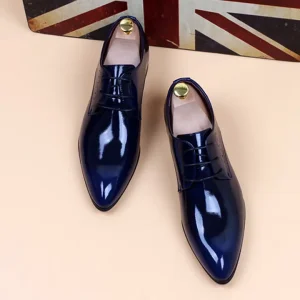 Trendy Men’s Korean style Pointed Solid Patent Leather Shoes Height increasing Fashion Stylist Nightclub Lace up Shiny Wedding