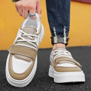 Trendy Men’s Low Top Lace Up Thick Soled Height Increasing Breathable Anti Slip Casual Shoes Mesh Student Sports White