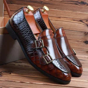 Ufficio New Style Pointed-Toe Formal Dress Shoes with Double Buckles and No Laces for Men’s Leather Shoes