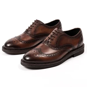 Vintage Brogue Style Oxford Shoes Men’s Comfortable Durable Genuine Cow Leather Handmade Lace Up Pure Cowhide Dress Shoe Durable