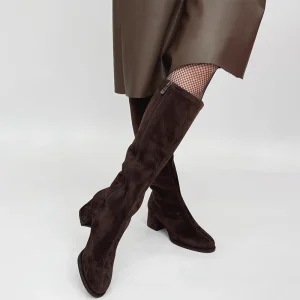Vintage Dark Brown Suede Fur Lining Knee High Boots Block Heel Side Zipper
