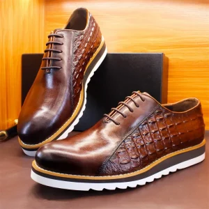 W200 D3 Top Grain Leather Lace Up Casual Men’s Shoes Fashion Color Block Thick Soled Lightweight Breathable Everyday
