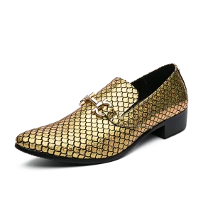 Wedding Party Walking Show Dress Shoes Men’s Leather Fish Scale Pattern Pointed Shoes Oxfords