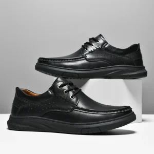 Wedge-Style Large Size Lace-Up Cowhide Leather Casual Black Men’s Autumn Office Shoes