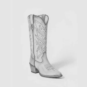 White Western Geometric Pattern Genuine Leather Embroidery Pointed Toe Stitched Pull On Chunky Heel Cowboy Boot