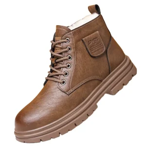 Winter Autumn Men’s Ankle & Bootie Lace-Up Cotton Leather Snow Boots with Fleece Thick Sole