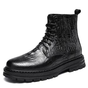 Winter Cowhide Thick Bottom Men’s Cowboy Ankle Boots Casual Round Toe Zip Business Formal High Top Men Shoes