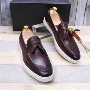X070-1 High End Handmade Genuine Leather Shoes Men’s Slip On Flat Sneakers Italian Style Sports Shoes Tassel Casual Breathable