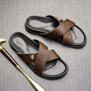 Xinzirain Custom Ramadan Collection Men Cross Comfortable Genuine Leather Flip Flops Sandal Breathable Anti slip Slides Slippers