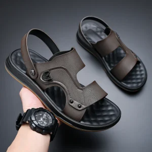 Xuanhui 2 in 1 Men Leather Sandals Convertible Strap Thick Sole Summer Slides Soft Cushion Gum Sole Beach Shoes for Men