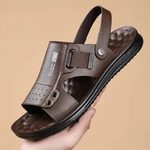Xuanhui Fashion 2 in 1 Men Leather Sandals Convertible Strap Cushioned Massage Driving Shoes Summer Slides for Men